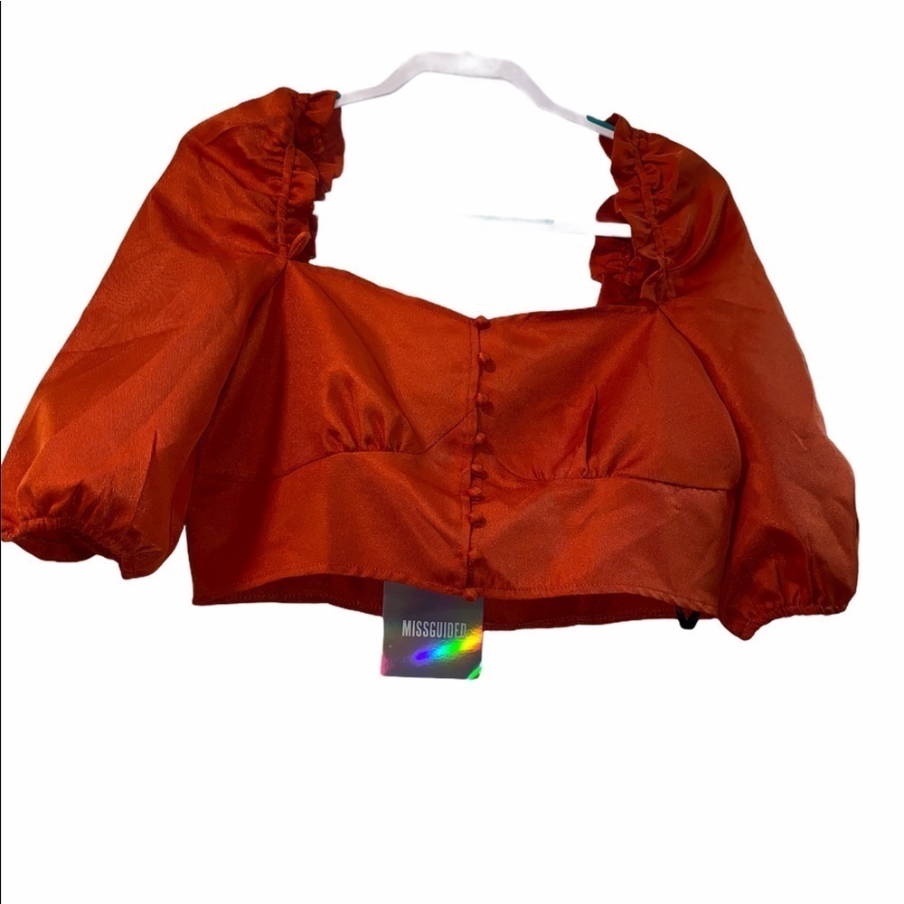 Missguided crop top square neck frill sleeve button front square neck Sz 8 NWT